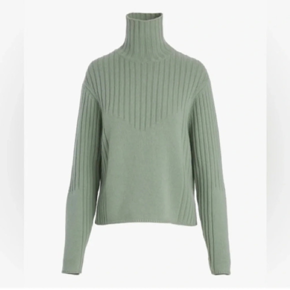 Sally Lapointe Merino Wool Cashmere Rib Sweater Turtleneck Jade Sage Green L - Picture 2 of 11